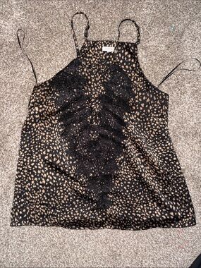 Woven Black and Tan Printed Lace-Trim Halter Top